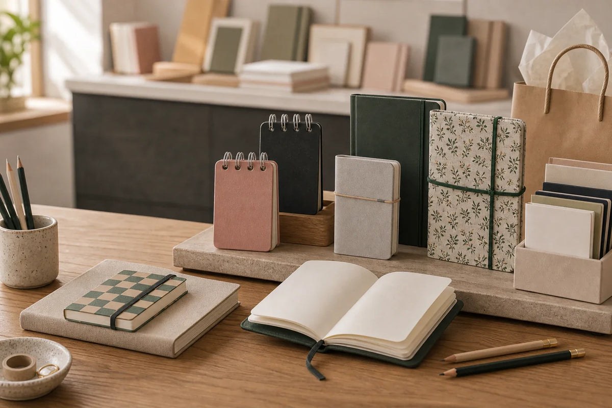 Small Dear Folio notebooks arranged for a bookstore counter display guide.