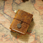 Pocket Traveler Wrap Journal in cognac on a warm textured surface.
