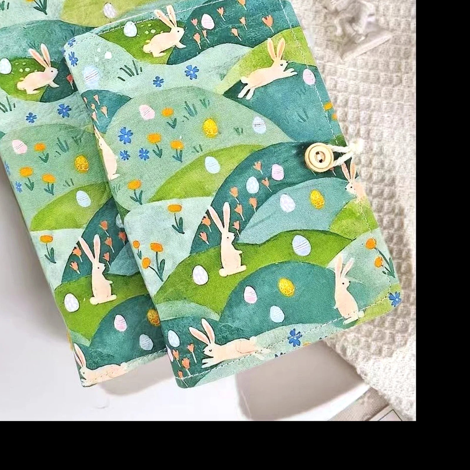 Bunny Meadow Wrap Notebook close-up detail showing product construction