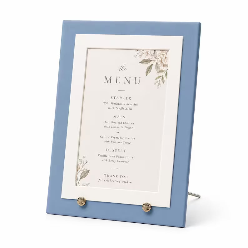 Dusty Blue Wedding Menu Card Holder | 5x7 Dinner Menu Frame Display